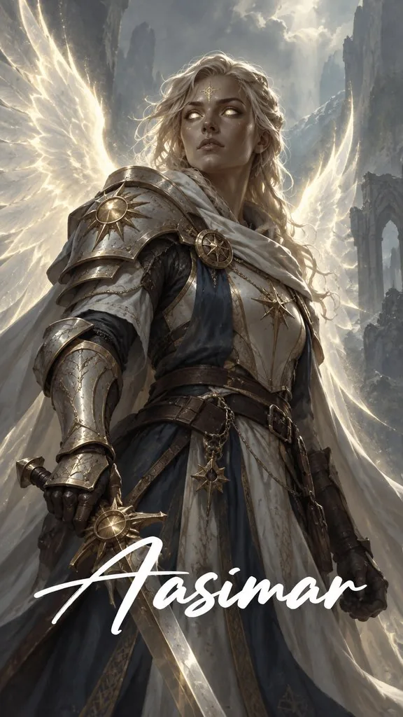 Une aasimar en armure, ailes de lumière déployées