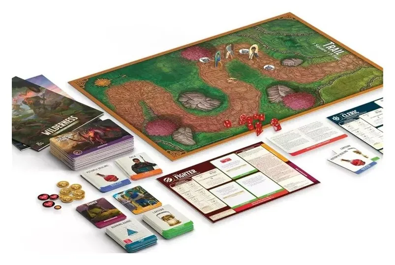 Le matériel déballé : plan de jeu, cartes, jetons et livrets